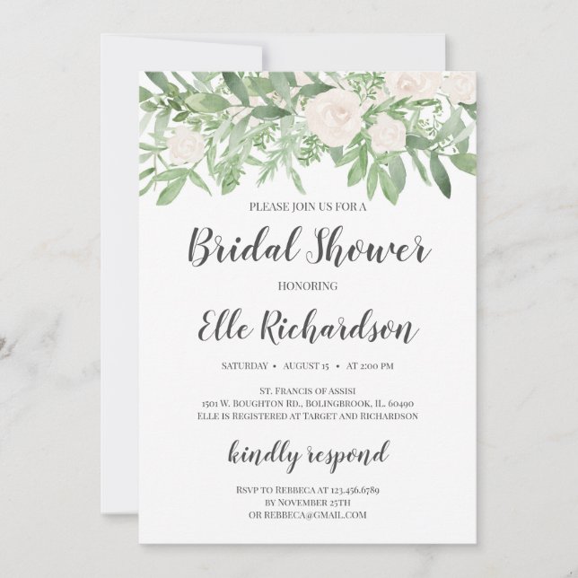 Greenery foliage white roses bridal shower invitation (Front)