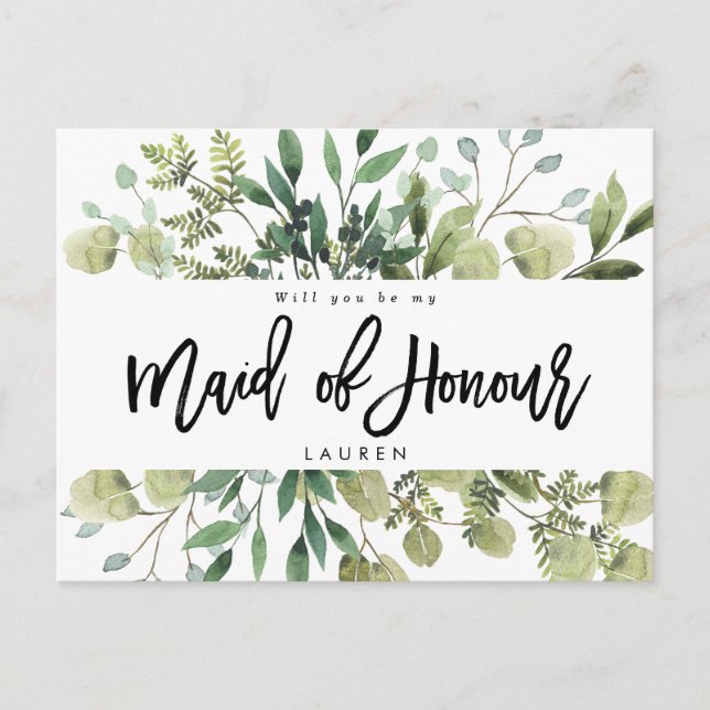 greenery foliage will you be maid of honor card (Front)