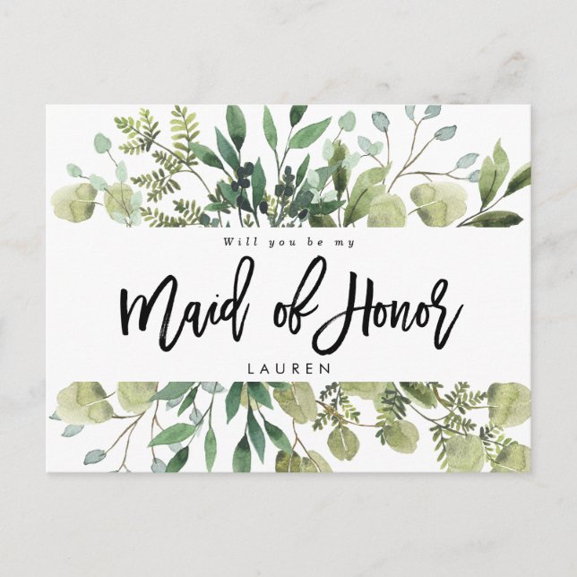 greenery foliage will you be my maid of honor card (Front)