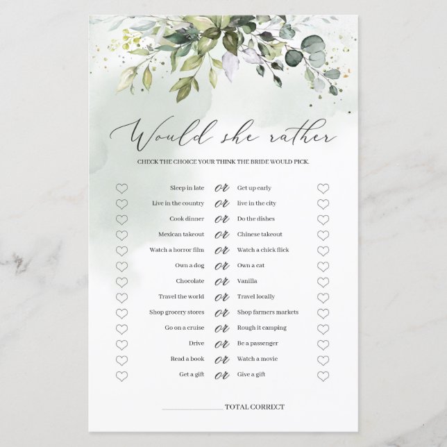 Greenery foliage Would she rather bridal game (Front)