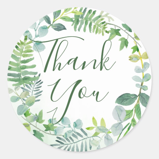 Greenery Foliage Wreath Thank You Classic Round Sticker (Front)