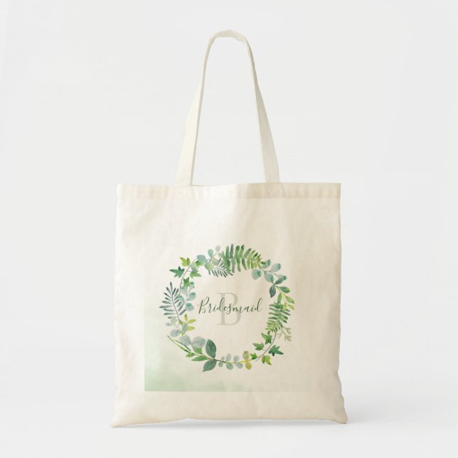Greenery Foliage Wreath Watercolor Bridesmaid Tote Bag (Front)