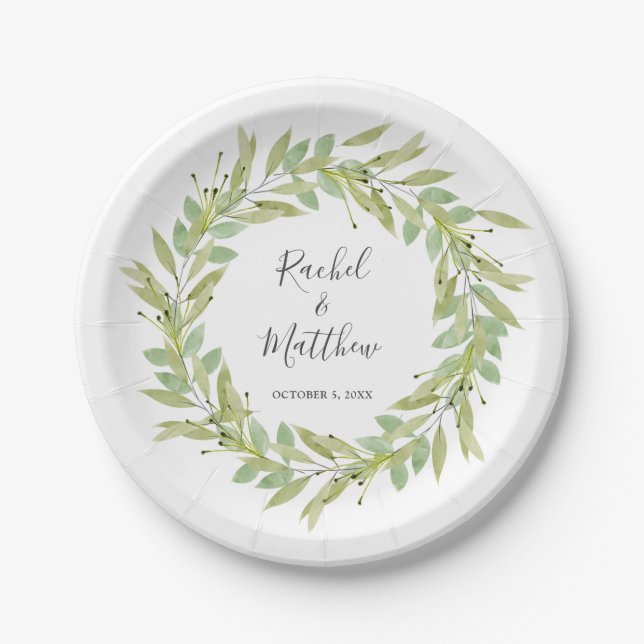 Greenery Foliage Wreath Wedding Paper Plates (Front)