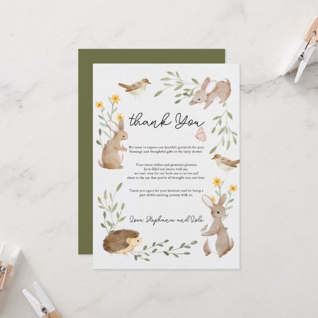 Greenery forest animals Baby Shower Thank you Card (Front/Back In Situ)