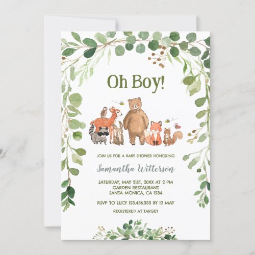 Greenery Forest Animals Boy Baby Shower  Invitation