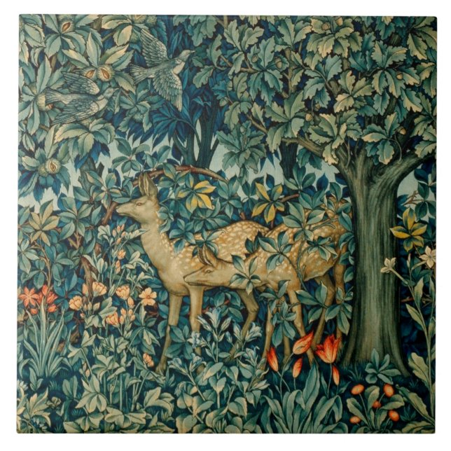 GREENERY,FOREST ANIMALS, DOES ,BIRDS Floral Ceramic Tile (Front)