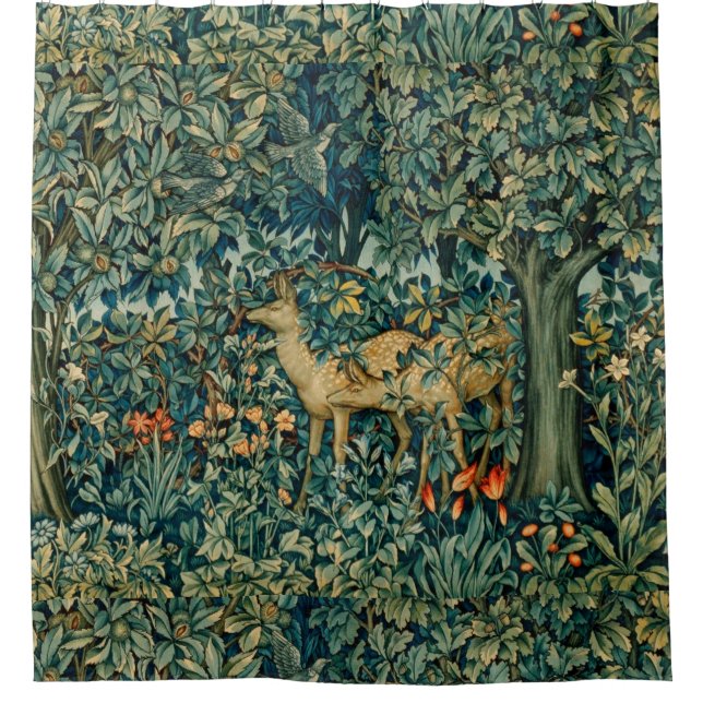 GREENERY,FOREST ANIMALS, DOES ,BIRDS Floral Shower Curtain (Front)