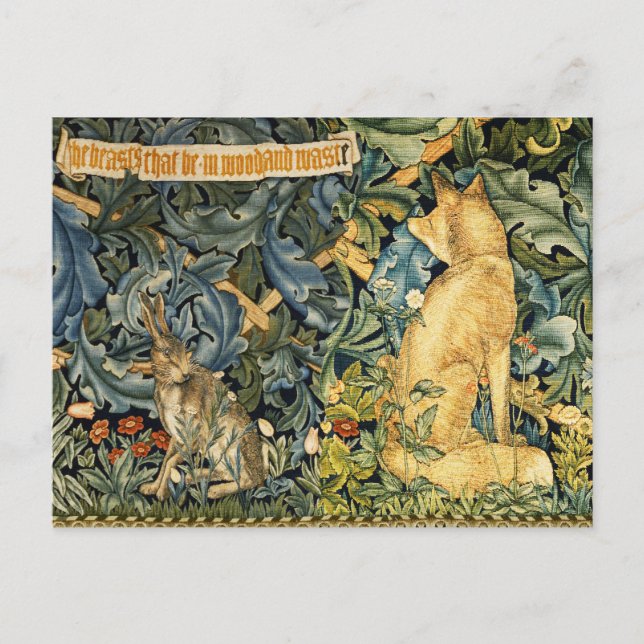 GREENERY,FOREST ANIMALS,FOX AND HARE,GREEN FLORAL HOLIDAY POSTCARD (Front)