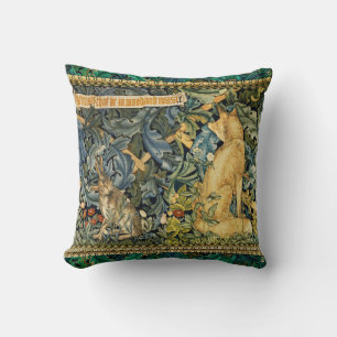 GREENERY,FOREST ANIMALS,FOX AND HARE,GREEN FLORAL THROW PILLOW