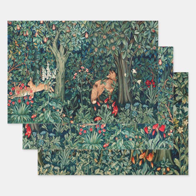 GREENERY,FOREST ANIMALS,Fox and Hares Green Floral Wrapping Paper Sheets (Set)