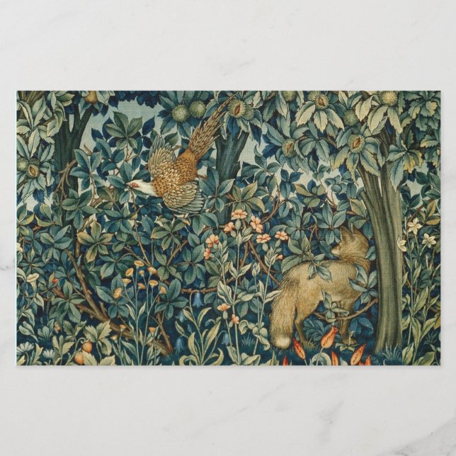 GREENERY,FOREST ANIMALS Fox ,Pheasant,Green Floral Stationery (Front)