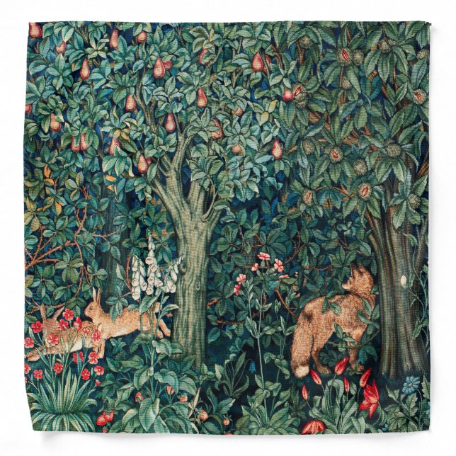 GREENERY,FOREST ANIMALS Hares ,Fox,Green Floral Bandana (Front)