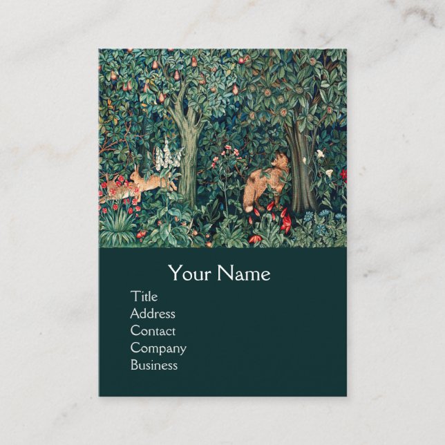 GREENERY,FOREST ANIMALS Hares ,Fox,Green Floral Bu Business Card (Front)