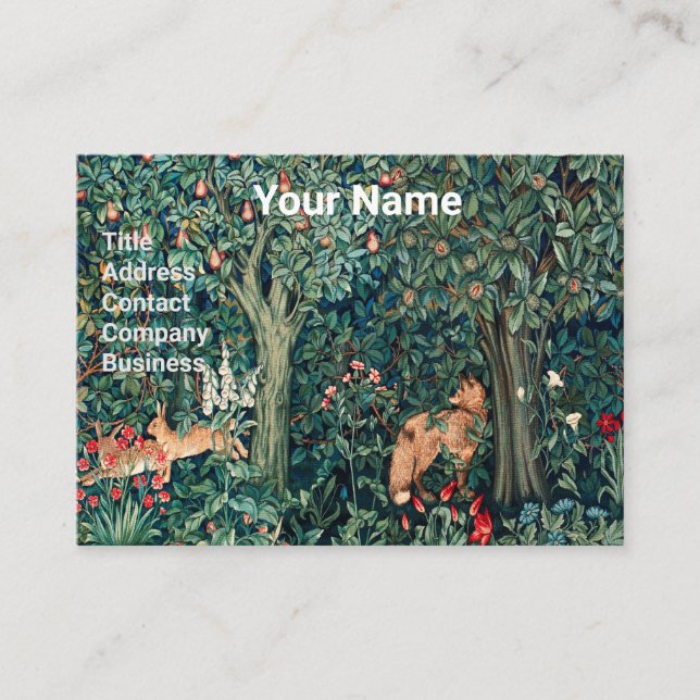 GREENERY,FOREST ANIMALS Hares ,Fox,Green Floral Bu Business Card (Front)