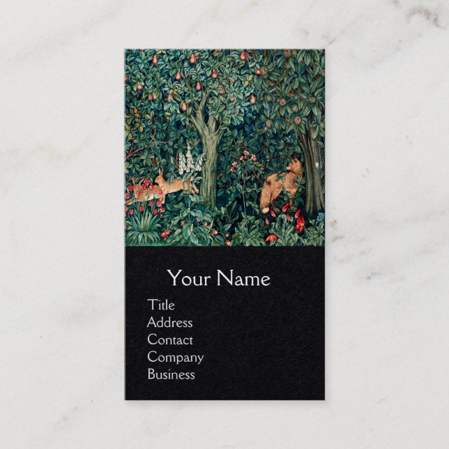 GREENERY,FOREST ANIMALS Hares ,Fox,Green Floral Business Card (Front)