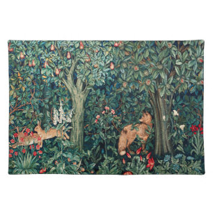 GREENERY,FOREST ANIMALS Hares,Fox,Green Floral Cloth Placemat