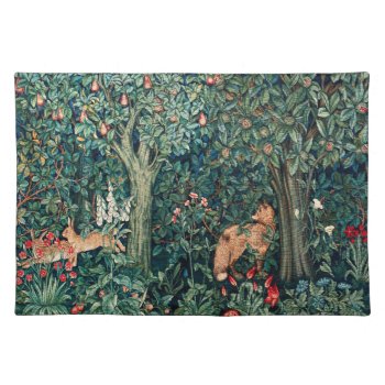 Greenery Forest Animals Hares Fox Green Floral Cloth Placemat by bulgan_lumini at Zazzle