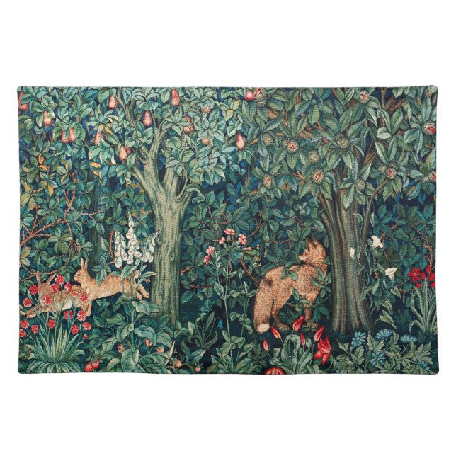 GREENERY,FOREST ANIMALS Hares,Fox,Green Floral Cloth Placemat (Front)