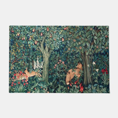 Greenery,forest Animals Hares ,fox,green Floral  Doormat
