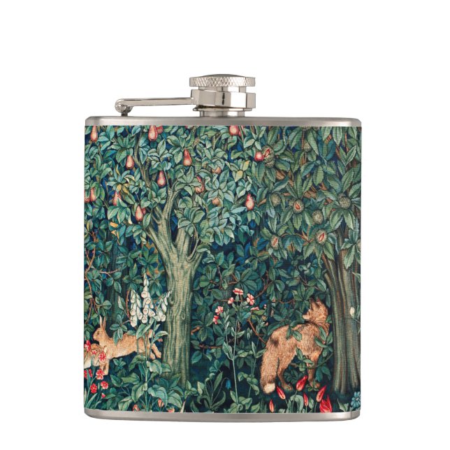 GREENERY,FOREST ANIMALS Hares ,Fox,Green Floral Flask (Front)
