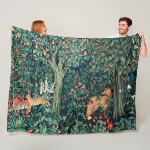 GREENERY,FOREST ANIMALS Hares ,Fox,Green Floral Fleece Blanket