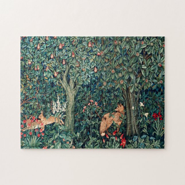 GREENERY,FOREST ANIMALS Hares ,Fox,Green Floral Jigsaw Puzzle (Horizontal)