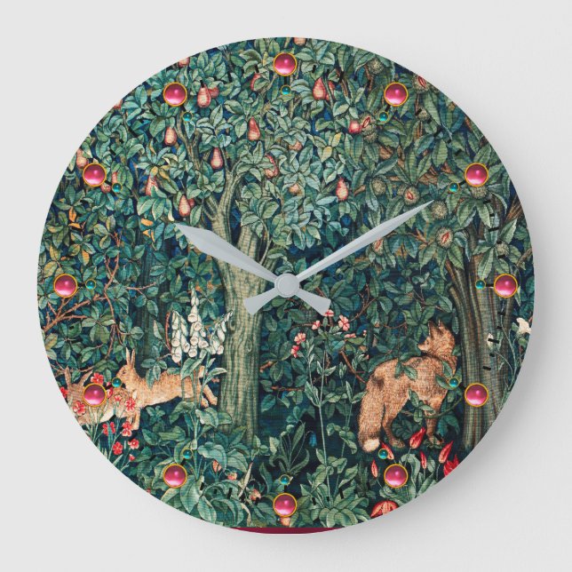 GREENERY,FOREST ANIMALS Hares ,Fox,Green Floral  Large Clock (Front)
