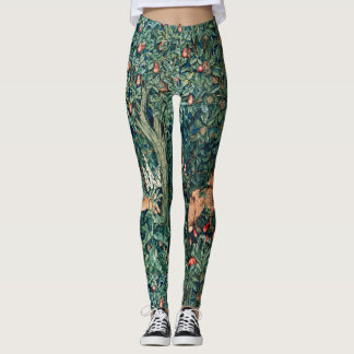 GREENERY,FOREST ANIMALS Hares ,Fox,Green Floral Leggings