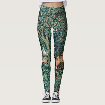 Greenery Forest Animals Hares  Fox Green Floral Leggings by bulgan_lumini at Zazzle