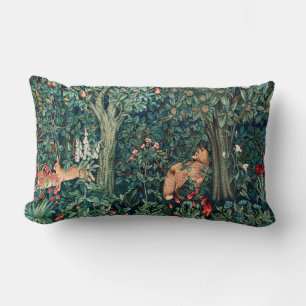 GREENERY,FOREST ANIMALS Hares ,Fox,Green Floral Lumbar Pillow