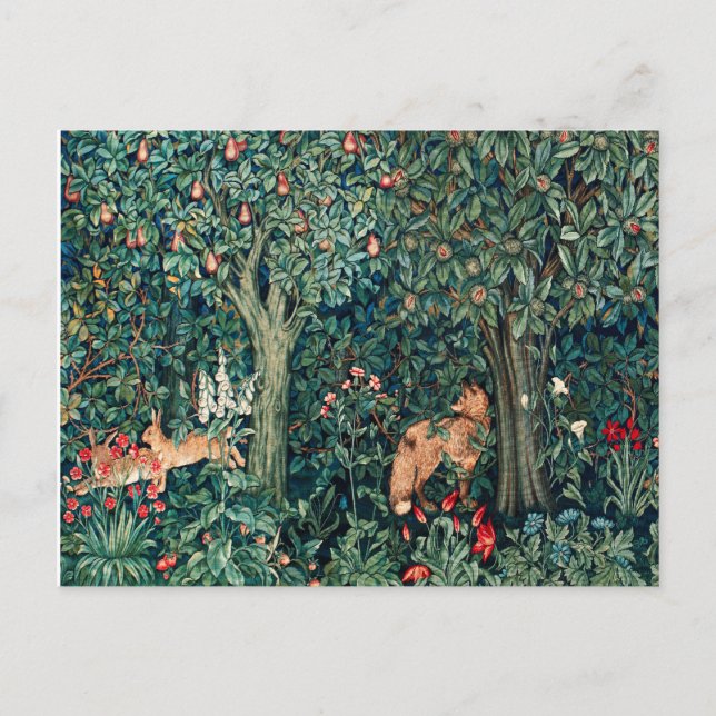 GREENERY,FOREST ANIMALS Hares ,Fox,Green Floral Postcard (Front)