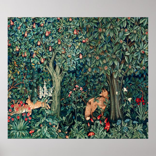 GREENERY,FOREST ANIMALS Hares ,Fox,Green Floral Poster (Front)