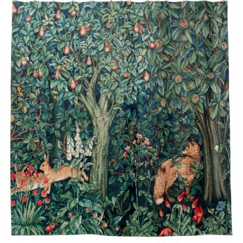 Greenery Forest Animals Hares  Fox Green Floral Shower Curtain by bulgan_lumini at Zazzle