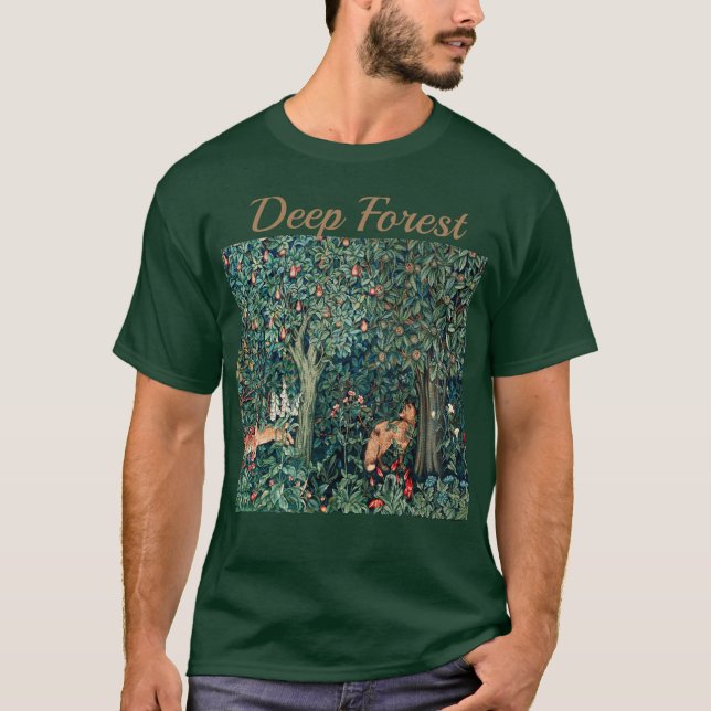 GREENERY,FOREST ANIMALS Hares ,Fox,Green Floral T-Shirt (Front)