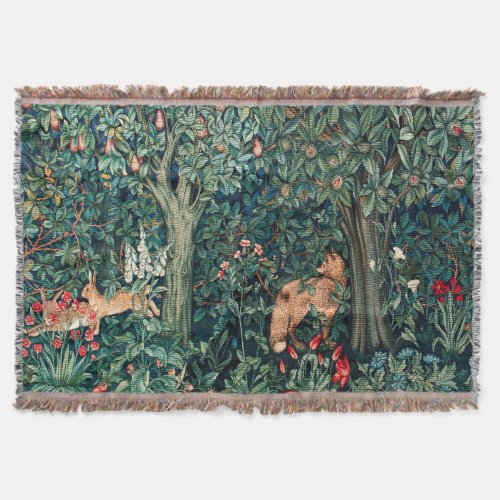 GREENERYFOREST ANIMALS Hares FoxGreen Floral Throw Blanket