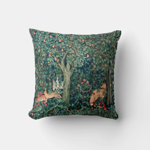 GREENERY,FOREST ANIMALS Hares ,Fox,Green Floral Throw Pillow