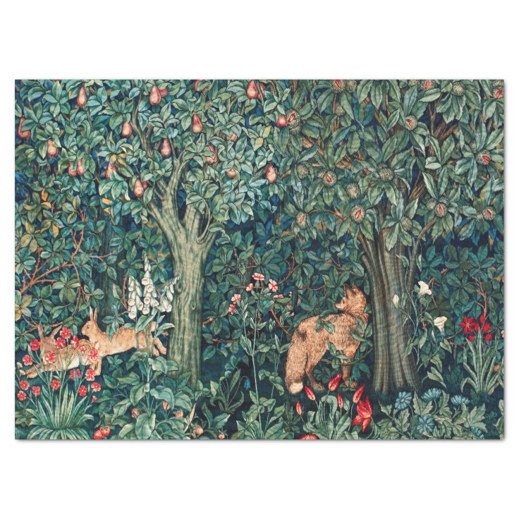 GREENERY,FOREST ANIMALS Hares ,Fox,Green Floral Tissue Paper Zazzle