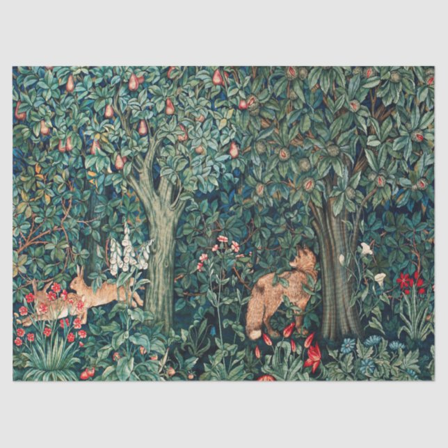 GREENERY,FOREST ANIMALS Hares ,Fox,Green Floral Tissue Paper (Front)