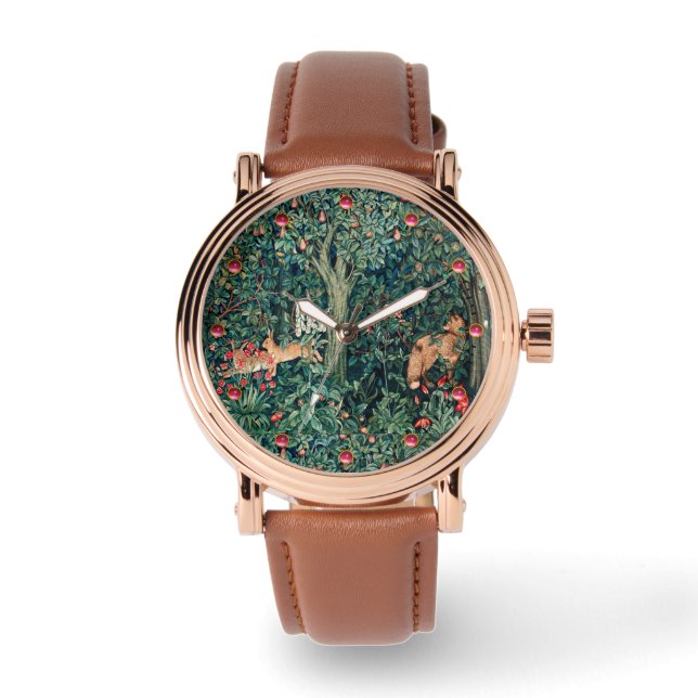 GREENERY,FOREST ANIMALS Hares ,Fox,Green Floral Watch (Front)