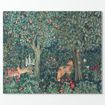 Greenery Forest Animals Hares  Fox Green Floral Wrapping Paper by bulgan_lumini at Zazzle