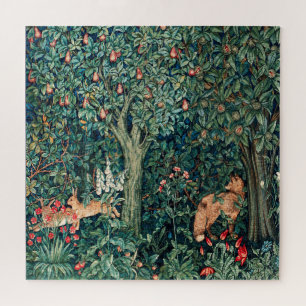 GREENERY,FOREST ANIMALS  Hares ,Fox,Green Foliage Jigsaw Puzzle