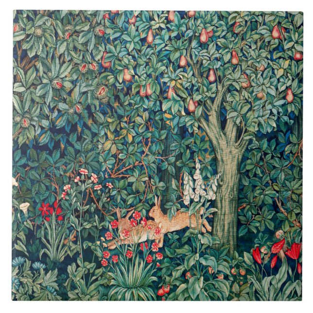 GREENERY,FOREST ANIMALS Hares ,Green Floral Ceramic Tile (Front)