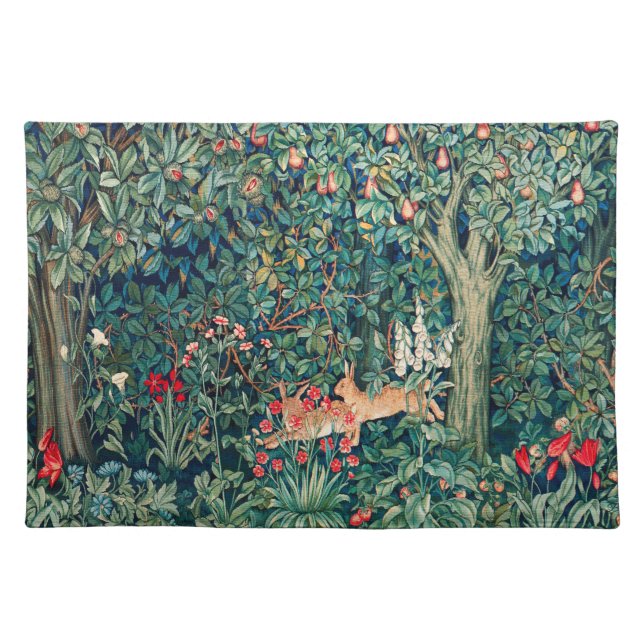 GREENERY,FOREST ANIMALS Hares,Green Floral Cloth Placemat (Front)