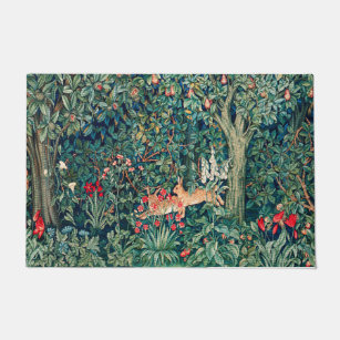 GREENERY,FOREST ANIMALS Hares ,Green Floral  Doormat