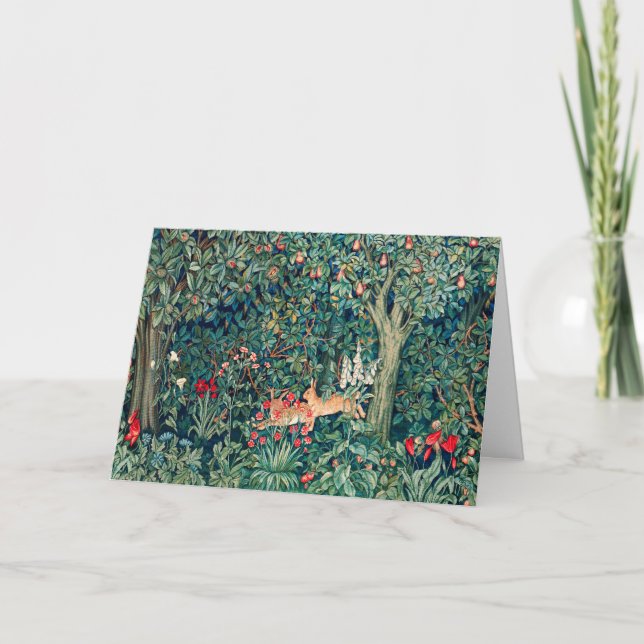 GREENERY,FOREST ANIMALS Hares ,Green Floral Holiday Card (Front)