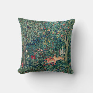 GREENERY,FOREST ANIMALS Hares ,Green Floral Throw Pillow
