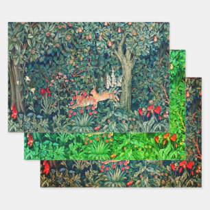 GREENERY,FOREST ANIMALS, Hares Green Floral Wrapping Paper Sheets
