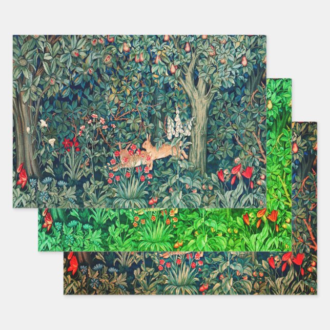 GREENERY,FOREST ANIMALS, Hares Green Floral Wrapping Paper Sheets (Set)