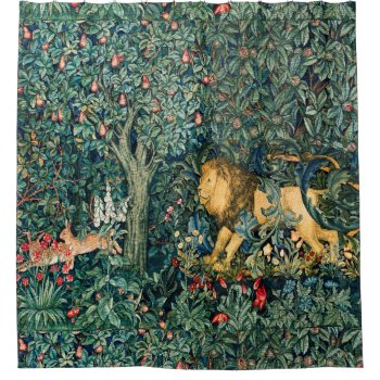 Greenery Forest Animals Lion And Hares Floral  Shower Curtain by bulgan_lumini at Zazzle