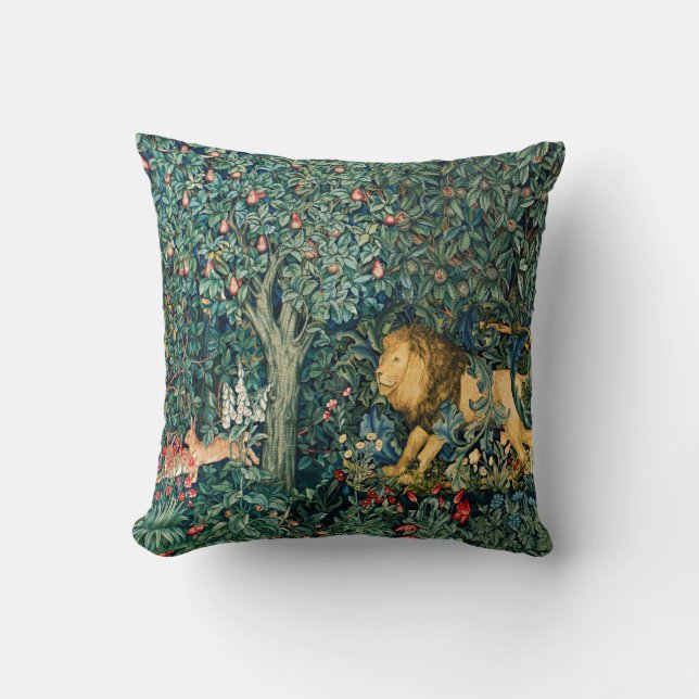 GREENERY,FOREST ANIMALS Lion and Hares Throw Pillow (Front)